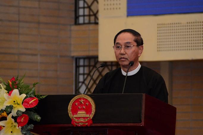 Vice President U Myint Swe delivers the speech at reception to mark the 70th Anniversary of the Founding of the People’s Republic of China (PRC) at Myanmar International Convention Center-II in Nay Pyi Taw yesterday. Photo: MNA