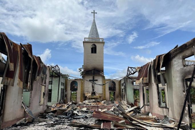 This handout photo from Amnesty International taken between June 27 and July 4, 2022 and released on July 20 shows a Christian church destroyed after being landmined and burned down by the Myanmar military, according to the rights group, in Daw Ngay Ku village in Hparuso township, in eastern Myanmar's Kayah state. Photo: Amnesty International/AFP