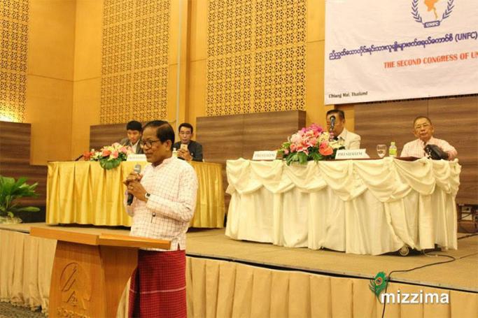Nai Han Thar from the New Mon State Party (NMSP) speaks durnig the Second Congress of UNFC held from 20 to 26 June in Chiang Mai, Thailand. Photo: Phanida/Mizzima
