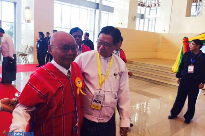 Gen. Mutu Say Poe (KNU) and U Aung Min (UPWC) arrive at MICC-2 hall in Nay Pyi Taw, for the Nationwide Ceasefire Agreement signing on October 15, 2015. Photo: Theingi Tun/Mizzima
