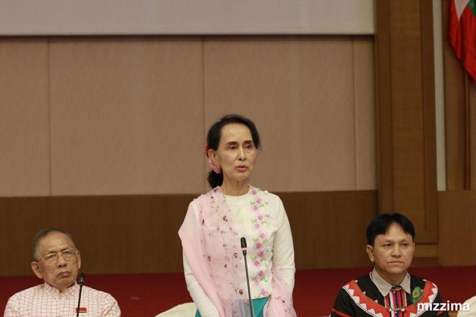 Myanmar's State Counselor and Foreign Minister Aung San Suu Kyi talks to media during their press briefing with New Mon State Party (NMSP) and Lahu Democratic Union (LDU), at National Reconciliation and Peace Centre (NRPC) in Nay Pyi Taw on 23 January 2018. Photo: Min Min/Mizzima
