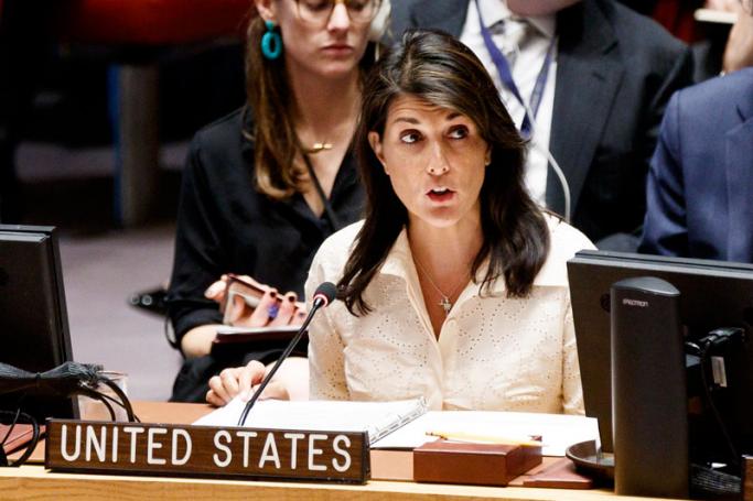 (FILE) Nikki Haley, the United States' Permanent Representative to the United Nations, speaks during an United Nations Security Council meeting in response to the violence at the border between Gaza and Israel at United Nations headquarters in New York, New York, USA, 15 May 2018 (reissued on 19 June 2018). Photo: Justin Lane/EPA
