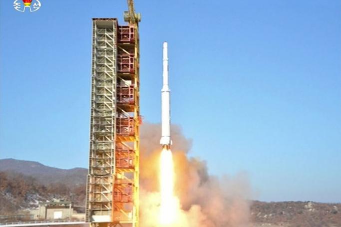 A handout picture made available by the North Korean Central Television (KCTV) Broadcasting Station shows North Korea's 'Kwangmyongsong-4' satellite being fired from the Dongchang-ri launch site in Cholsan, North Pyongan Province, North Korea, 07 February 2016. Photo: KCTV/EPA
