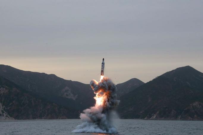 An undated photo released on 24 April 2016 by North Korean Central News Agency (KCNA) shows an 'underwater test-fire of strategic submarine ballistic missile' conducted at an undisclosed location in North Korea. North Korea launched a missile from a submarine at its east coast on 23 April, international reports stated. The missile is reported to have flown about 30 kilometers. Photo: KCNA/EPA
