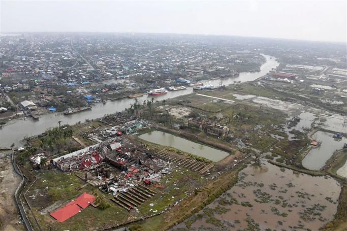 A handout photos made available by the Myanmar Military Information team shows an aerial view of damage buildings after cyclone Mocha made landfall in Sittwe, Rakhine State, Myanmar, 15 May 2023. Photo: EPA