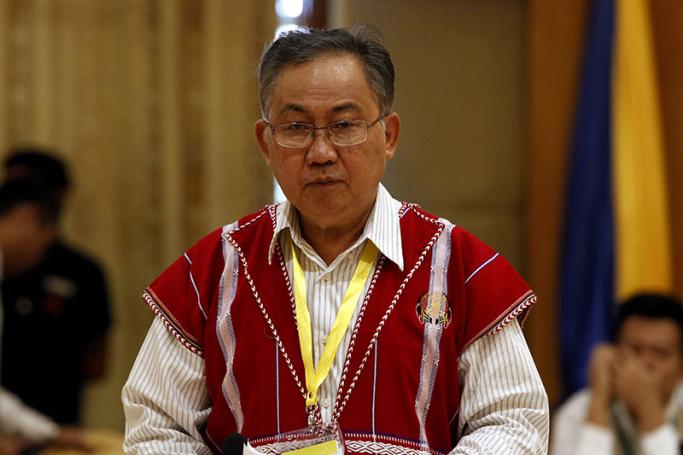 Padoh Kwe Htoo Win, of the Karen National Union, a member of the ethnic armed groups' National Ceasefire Coordination Team (NCCT) delivers an address during the Joint Implementation Coordination Meeting (JICM) in Naypyitaw, Myanmar, 17 November 2015. Photo: Nyein Chan Naing/EPA
