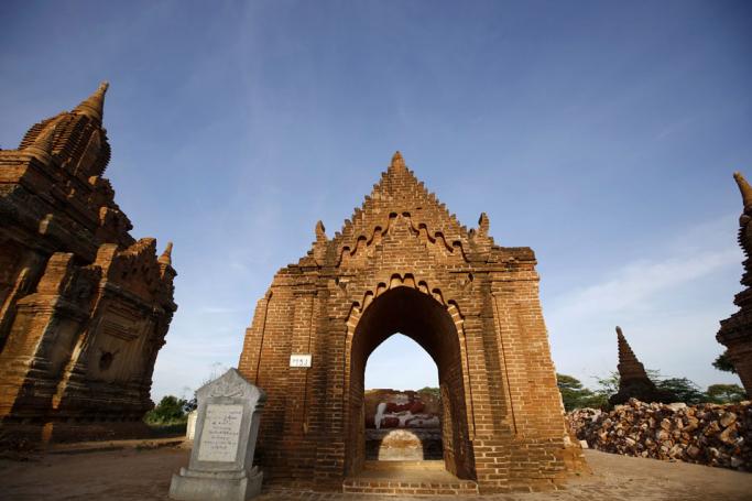 A half-collapsed pagoda stands in Bagan. Photo: Lynn Bo Bo/EPA