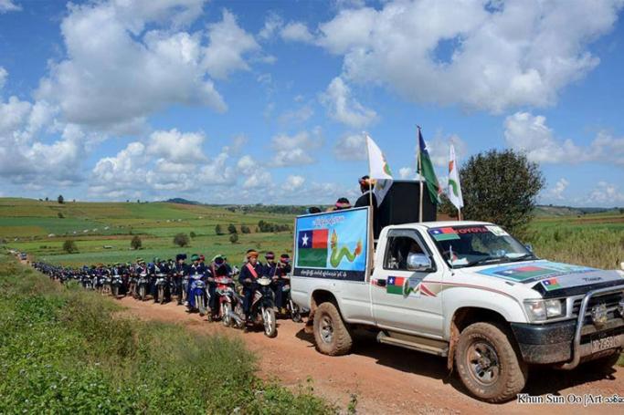 PaO National Organization party campaigning in Pinlong Township, Shan State in October, 2015. Photo: Khun Sun Oo
