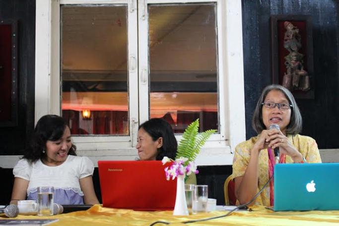 The three speakers at the September 23 report release.(From Left to Right) Khin Lay Director of Triangle Women Support Group, Mai Ja Director of Kachin Women's Association Thailand and Galuh Wandita Director of Asia Justice And Rights -  Photo: Jaiden Coonan.
