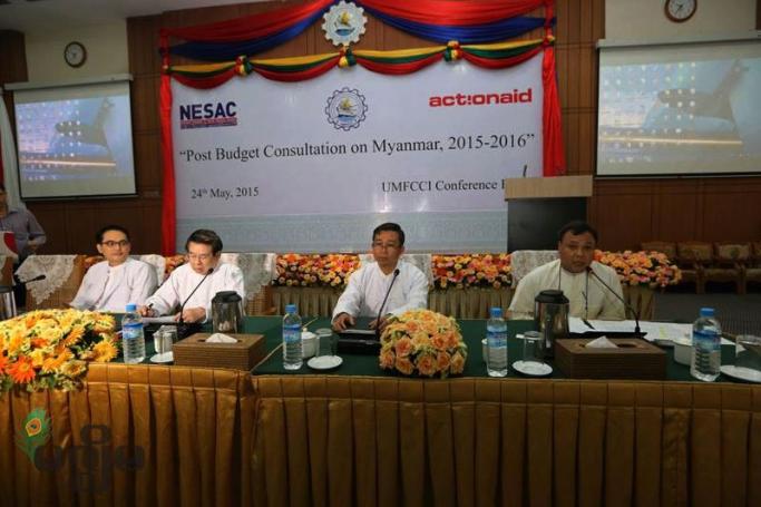 Panelists discuss Myanmar's 2015-2016 budget at a meeting in Yangon on May 24, 2015. Photo: Thet Ko/Mizzima
