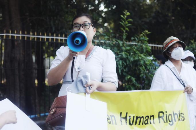 May Sabe Phyu speaks at a protest. Photo: Khin Su Kyi