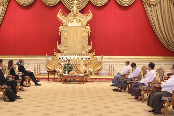 State Administration Council Chairman Senior General Min Aung Hlaing receives Mr Peter Maurer, president of the International Committee of the Red Cross (ICRC) in Nay Pyi Taw on 3 June 2021. Photo: MNA