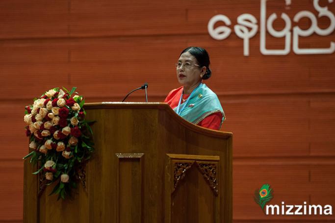 Rakhine National Party (RNP) Vice-Chairperson Aye Nuu Sein speaks during the third session of the 'Union Peace Conference - 21st century Panglong' in Nay Pyi Taw on 11 July 2018. Photo: Mizzima
