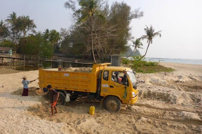 Sand-mining at Ngapali beach. The “mass theft” of sand is destroying the beach, says the Alliance against Sand-mining at Ngapali and Myanmar Beaches. Photo: Supplied
