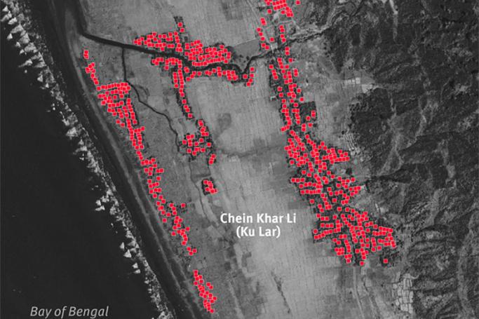Map locating 700 buildings destroyed in August 2017 in the Rohingya-majority village of Chein Khar Li, Myanmar. Map: HRW

