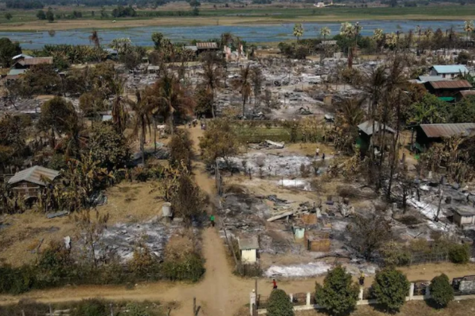 Burnt-down buildings are seen in Mingin Township in Myanmar's Sagaing region. Photo: AFP