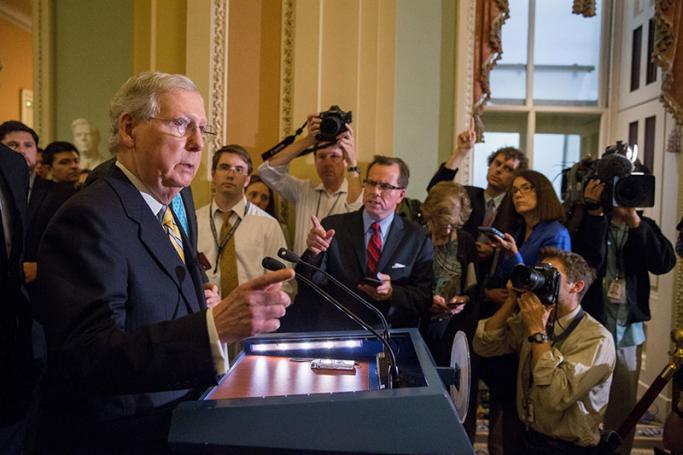 Senate Majority Leader Mitch McConnell speaks to the press after the weekly party luncheon on Capitol Hill in Washington ,DC, USA, 06 September 2017. Photo: Tasos Katopodis/EPA-EFE
