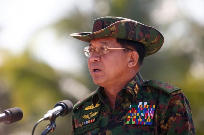 Myanmar's military Commander-in-Chief, Senior General Min Aung Hlaing delivers a speech on the second day of the 'Sin Phyu Shin' joint military exercises in the Ayeyarwaddy delta region, Myanmar, 03 February 2018. Photo: Lynn Bo Bo/EPA-EFE
