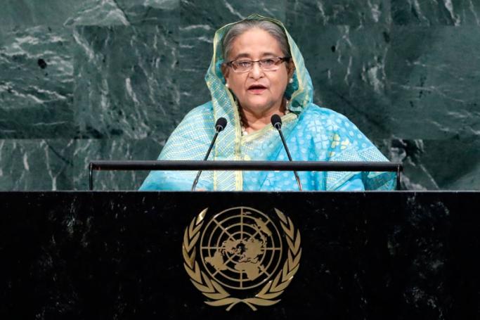 Prime Minister of Bangladesh Sheikh Hasina speaks during the General Debate of the 72nd United Nations General Assembly at UN headquarters in New York, New York, USA, 21 September 2017. Photo: Jason Szenes/EPA-EFE
