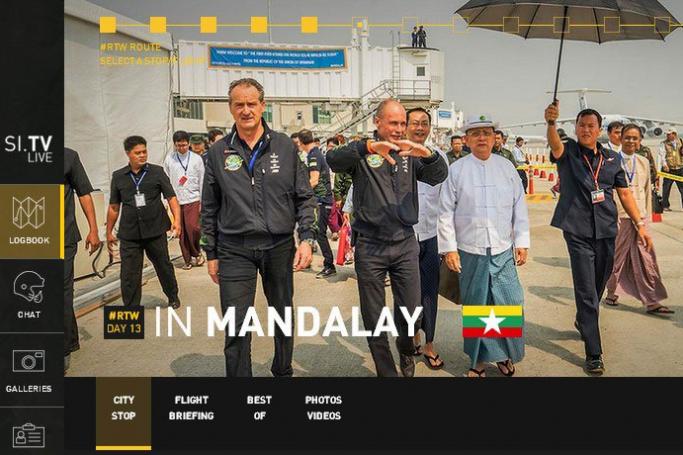 The two Solar Impulse 2 pilots are spreading the word on clean energy, as seen here with Myanmar President U Thein Sein at Mandalay International Airport on March 20, 2015. Photo: Solar Impulse
