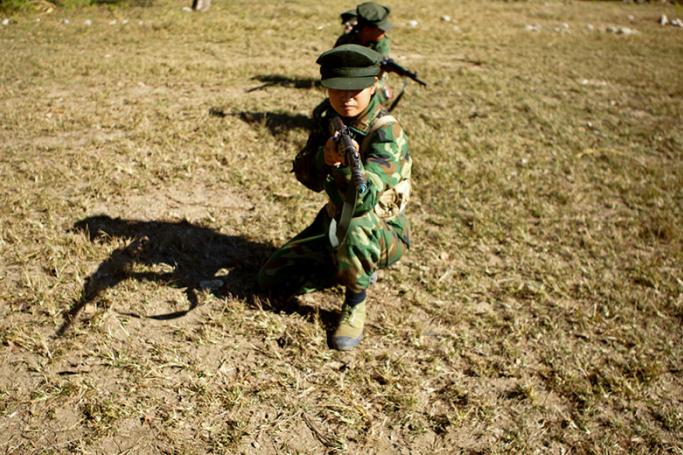 A picture made available on 20 November 2016 shows female soldiers of Kachin Independence Army (KIA) in action during the training session at a military camp near Laiza, Kachin State, northern Myanmar, 19 November 2016. Photo: Seng Mai/EPA
