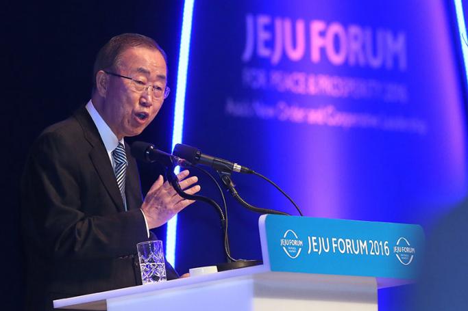 South Korean UN Secretary General Ban Ki-moon speaks during the opening ceremony of a forum on the southern resort island of Jeju, South Korea, 26 May 2016. Photo: EPA

