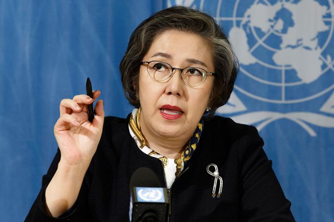 Ms Yanghee Lee, Special Rapporteur on the situation of human rights in Myanmar, talks to the media during a press conference after she presented her report to the 34th session of the Human Rights Council, at the European headquarters of the United Nations in Geneva, Switzerland, 13 March 2017.  Photo: Salvatore Di Nolfi/EPA
