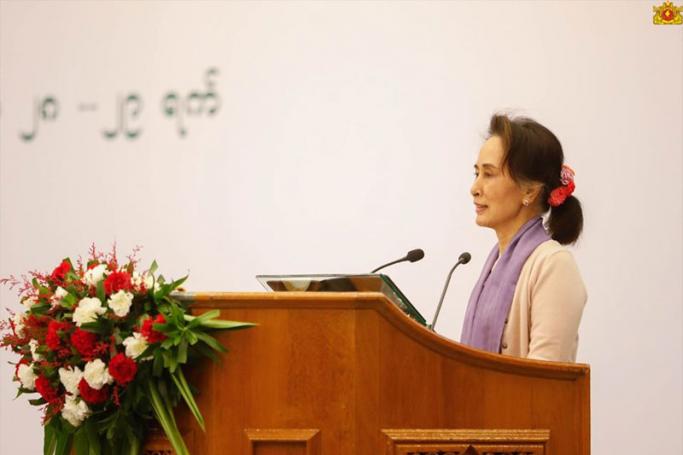 State Counsellor Daw Aung San Suu Kyi attends the Education Development Implementation Conference 2020 (Basic Education Sector) and delivers the opening speech in Nay Pyi Taw on January 28. Photo: Myanmar State Counsellor Office