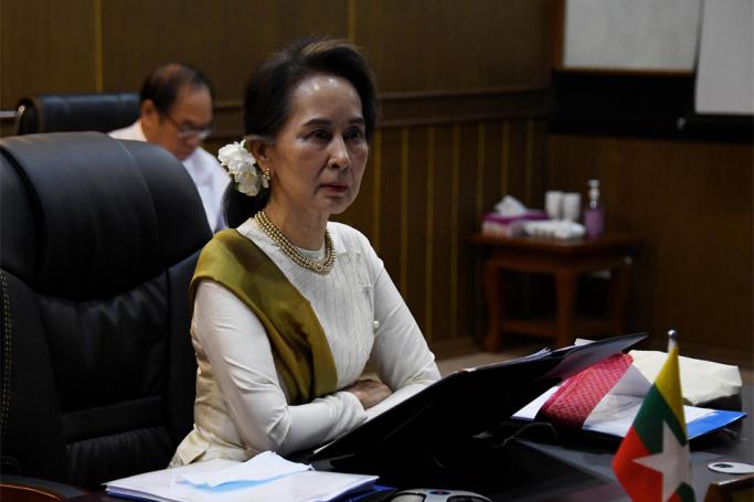 State Counsellor Daw Aung San Suu Kyi attends the Special ASEAN Summit on COVID-19 yesterday. Photo: MNA