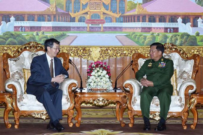 Senior General Min Aung Hlaing receives H.E. Mr. Sun Guoxiang, Special Envoy of Asian Affairs of Ministry of Foreign Affairs of China in February, 2018. Photo: Senior General Min Aung Hlaing/Facebook
