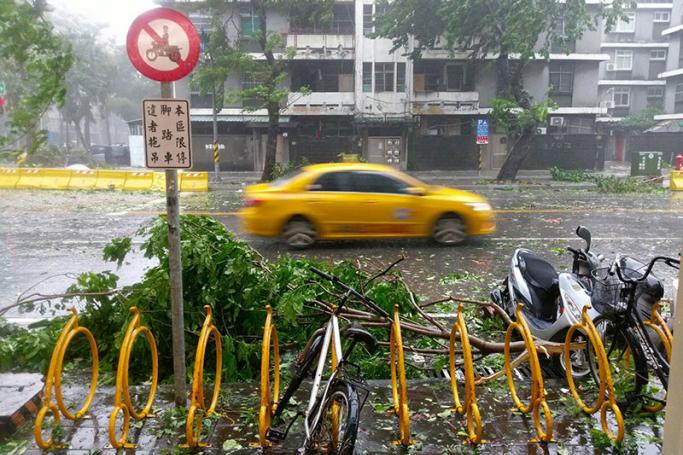A taxi cab draive by an uprooted tree as high winds and rain from Super Typhoon Meranti lash Kaohsiung, southern Taiwan, 14 September 2016. Photo: Richie Tongo/EPA
