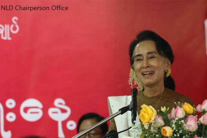NLD Chairperson Daw Aung San Suu Kyi delivers a speech during the 68th anniversary of Independence at the NLD headquarters in Yangon on January 4, 2015. Photo: NLD Chairperson Office
