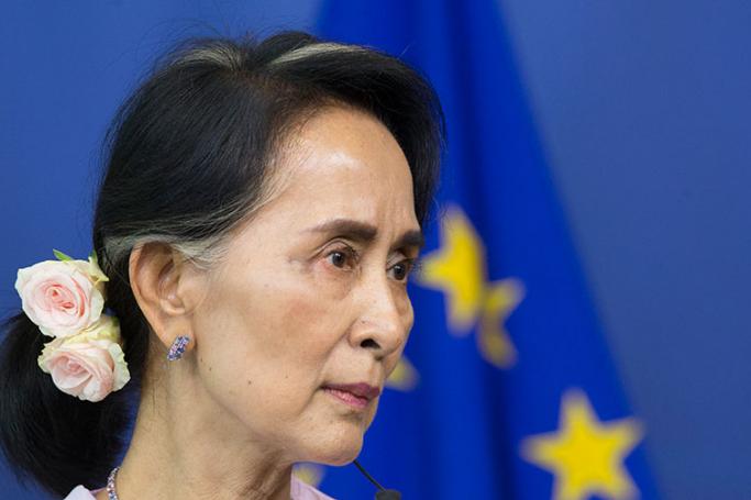 State Counsellor of Myanmar Aung San Suu Kyi speaks during a press briefing at the European Commission after a meeting with EU High Representative for Foreign Affairs Federica Mogherini (not pictured) in Brussels, Belgium, 02 May 2017. Photo: Olivier Hoslet/EPA
