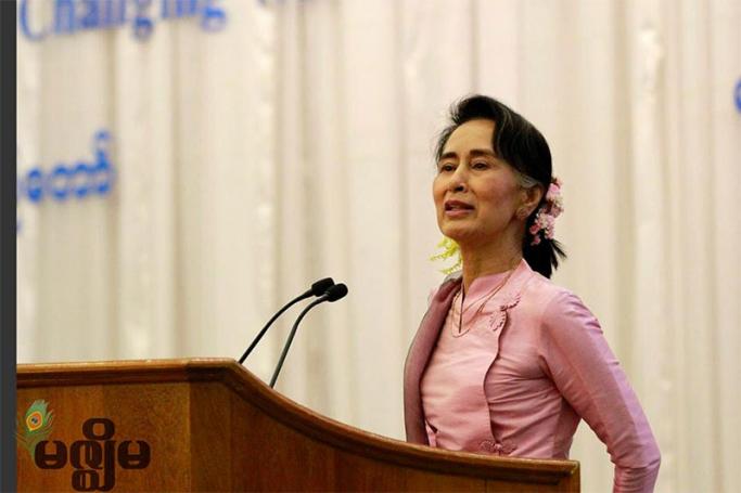 Myanmar's State Counselor Aung San Suu Kyi speaks during a ceremony on International Women's Day at MICC-2 in Nay Pay Taw on 08 March 2017. Photo: Min Min/Mizzima
