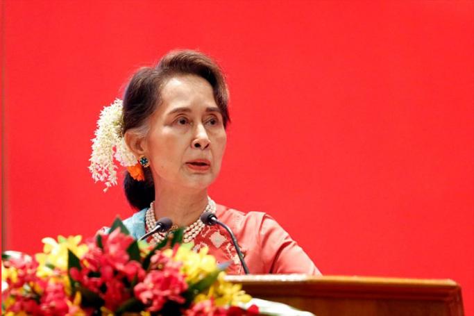 Myanmar State Counselor Aung San Suu Kyi speaks during the opening ceremony of Invest Myanmar Summit 2019 at the Myanmar International Convention Centre (MICC) in Naypyitaw, Myanmar, 28 January 2019. Photo: Hein Htet/EPA