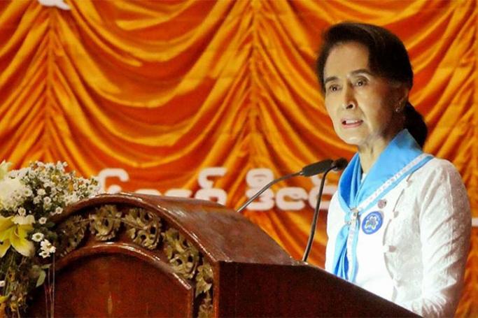 Myanmar State Counselor and Foreign Minister Aung San Suu Kyi delivers opening speech at the centennial anniversary of Myanmar scouting in Yangon on 23 December 2016. Photo: Zhang Deming Tedmond/Mizzima
