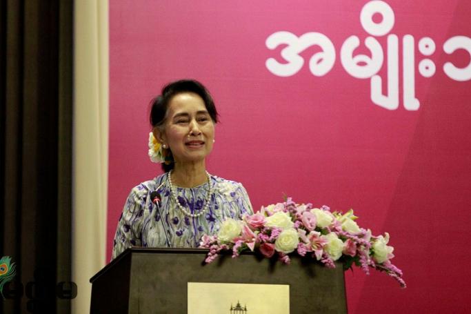 State Counsellor Daw Aung San Suu Kyi gives speech during the opening day of Myanmar Women’s Week Forum at the Kempinski Hotel, Nay Pyi Taw on 6 March 2017. Photo: Min Min/Mizzima 
