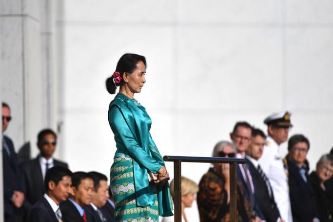 Myanmar's State Counsellor Aung San Suu Kyi is seen during a ceremonial welcome at Parliament House in Canberra, Australia, 19 March 2018. Photo: EPA-EFE
