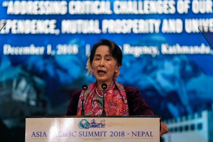 State Counsellor of Myanmar Aung San Suu Kyi speaks at the Asia-Pacific Summit 2018 in Kathmandu, Nepal, 01 December 2018. Photo: EPA