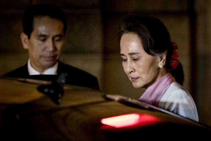 Myanmar's leader Aung San Suu Kyi departs the Peace Palace after the third day of hearings on the Rohingya genocide case, in The Hague, The Netherlands, 12 December 2019. Photo: Koen Van Weel/EPA
