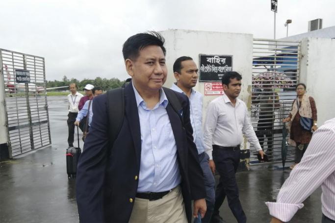 Members of the Myanmar delegation team arrive at the airport in Cox's Bazar in southern Bangladesh on July 27, 2019, ahead of expected meetings with Rohingya leaders to inform them of measures they have taken for their return to Rakhine. Photo: Suzauddin Rubel/AFP