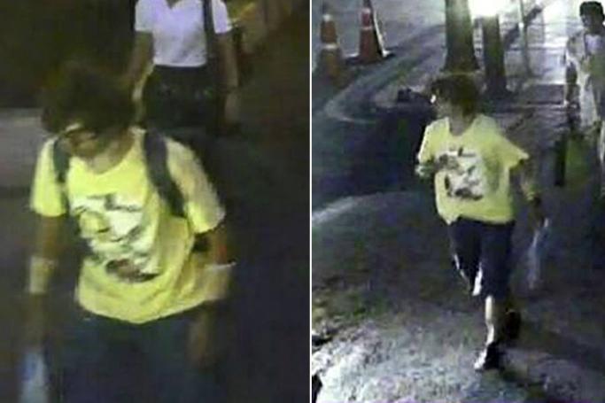 A composite picture taken from security camera and released by the Thai Royal Police showing a suspect foreigner who Thai police believes to be involved with the bomb attack walks with backpack (L) and leaves its and left the Erawan Shirne (R) shortly before bomb exploding outside the Erawan Shrine in Bangkok, Thailand, 17 August 2015. Photo: Thai Royal Police/EPA
