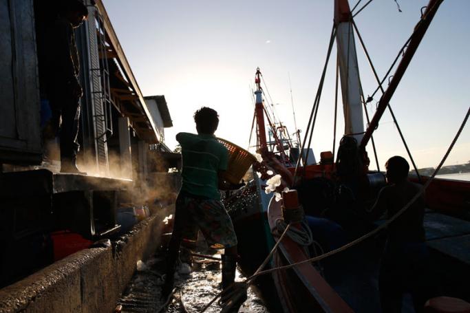 Migrant fishermen from Myanmar unload frozen fish from a Thai fishing boat at a port in Samut Sakhon province, Thailand. Photo: Rungroj Yongrit/EPA
