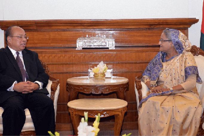 National Security Advisor of Myanmar U Thaung Tun calls on Prime Minister of Bangladesh Sheikh Hasina at her office in the capital Dhaka on Tuesday. Photo: PID
