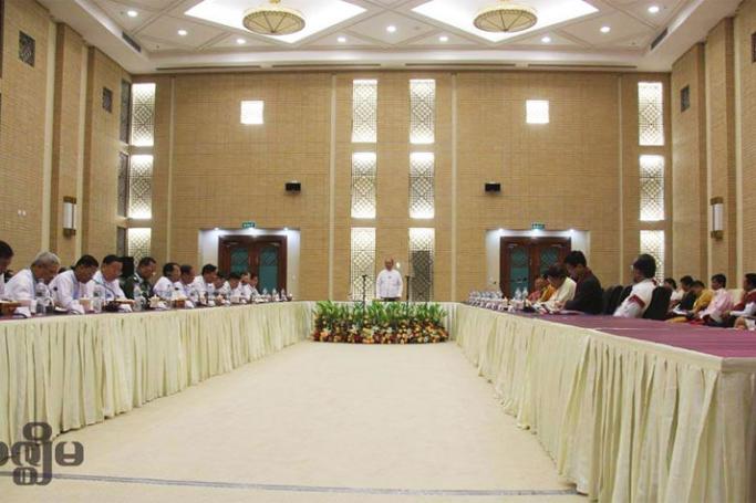 Myanmar President Thein Sein (C) talks during the meeting with ethnic armed groups leaders at Myanmar International Convention Center (MICC) in Nay Pyi Taw on 09 September 2015. Photo: Min Min/Mizzima
