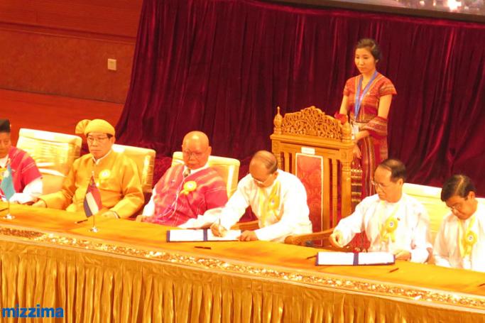 Myanmar President U Thein Sein during the signing ceremony of the Nationwide Ceasefire Agreement (NCA)  at the Myanmar International Convention Centre (MICC) in Nay Pyi Taw on October 15, 2015. Photo: Theingi Tun/Mizzima
