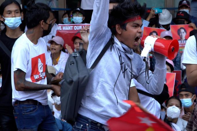 Zaw shouts during a protest. Photo: Padauk: Myanmar Spring)