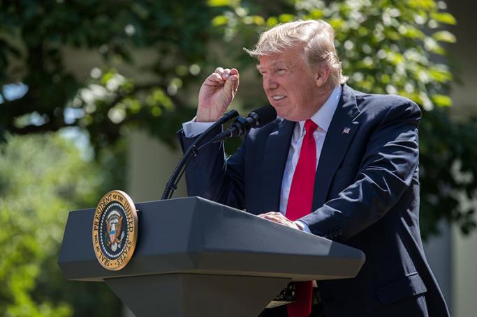 US President Donald J. Trump announces that the US is withdrawing from the Paris climate accord during a Rose Garden event at the White House in Washington, DC, USA, 01 June 2017. Photo: Shawn Thew/EPA
