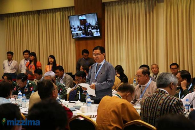 U Aung Min, Vice-chairman of the Union Peace Making Work Committee talks during the 7th nationwide ceasefire meeting at the Myanmar Peace Centre in Yangon on July 22, 2015. Photo: Thet Ko/Mizzima
