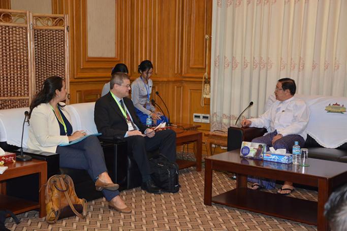 U T Khun Myat holds talks with Dr. Albrecht Schnabel. Photo: GNLM
